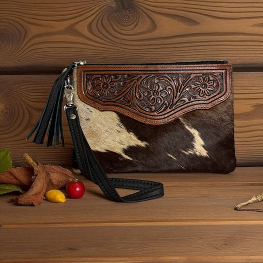 Zara Tooled Leather/Cowhide Clutch H