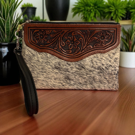 Zara Tooled Leather/Cowhide Clutch A